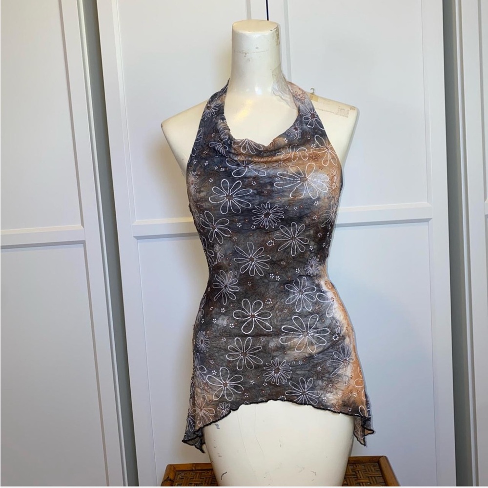 Y2K Sirens Asymmetrical Backless Sheer Halter Floral Top